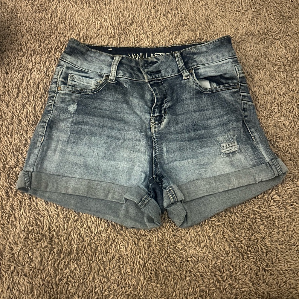 Vanilla Star Women's Distressed Blue Jean Shorts